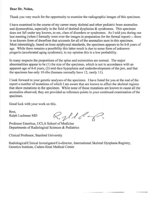 Sirius Disclosure:  Dr. Lachman Examination Letter