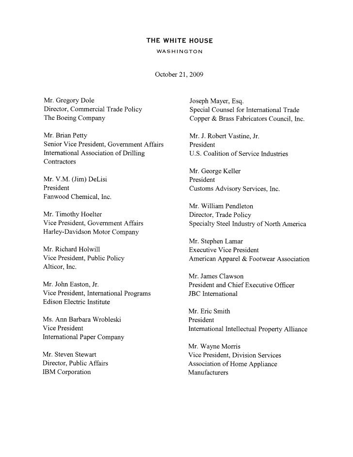 Response to Lobbyist Letter to President Obama on Industry Trade Advi…