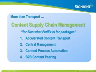 More than Transport …

            Content Supply Chain Management
                              “for files what FedEx is for packages”
                              1. Accelerated Content Transport
                              2. Central Management
                              3. Content Process Automation
                              4. B2B Content Peering


Copyright 2010 Signiant Inc                                        6   | Proprietary and Confidential
 