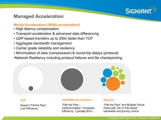 Media Acceleration (WAN acceleration)  High latency compensation Transport acceleration & advanced data differencing UDP based transfers up to 200x faster than TCP Aggregate bandwidth management Carrier grade reliability and resiliency Minimization of data (compression) & round-trip delays (protocol) Network Resiliency including protocol failover and file checkpointing Managed Acceleration TCP Doesn’t “Fill the Pipe;” Low Efficiency Signiant “ Fills the Pipe” and Multiple Virtual Pipes with Job or File based bandwidth and priority control. UDP/WAN Acceleration “ Fills the Pipe – Indiscriminately;” Increases Efficiency: Typically 90%+ 
