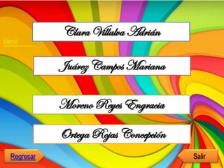 Clara Villalva Adrián
Juárez Campos Mariana
Moreno Reyes Engracia
Ortega Rojas Concepción
Regresar Salir
 