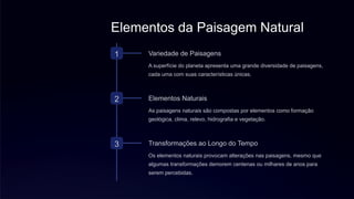 Elementos da Paisagem Natural
1 Variedade de Paisagens
A superfície do planeta apresenta uma grande diversidade de paisagens,
cada uma com suas características únicas.
2 Elementos Naturais
As paisagens naturais são compostas por elementos como formação
geológica, clima, relevo, hidrografia e vegetação.
3 Transformações ao Longo do Tempo
Os elementos naturais provocam alterações nas paisagens, mesmo que
algumas transformações demorem centenas ou milhares de anos para
serem percebidas.
 