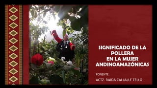 SIGNIFICADO DE LA
POLLERA
EN LA MUJER
ANDINOAMAZÓNICAS
PONENTE:
ACTZ. RAIDA CALLALLE TELLO
 