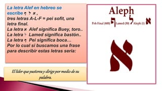 La letra Alef en hebreo se
escribe ‫ף‬ ‫ל‬ ‫א‬ ,
tres letras A-L-F = pei sofit, una
letra final.
La letra ‫א‬ Alef significa Buey, toro..
La letra ‫ל‬ Lamed significa bastón..
La letra ‫ף‬ Pei significa boca…
Por lo cual si buscamos una frase
para describir estas letras seria:
El líderquepastoreay dirigepormediodesu
palabra.
 