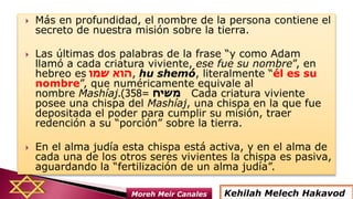  Más en profundidad, el nombre de la persona contiene el
secreto de nuestra misión sobre la tierra.
 Las últimas dos palabras de la frase “y como Adam
llamó a cada criatura viviente, ese fue su nombre”, en
hebreo es ‫שמו‬ ‫,הוא‬ hu shemó, literalmente “él es su
nombre”, que numéricamente equivale al
nombre Mashíaj ‫משיח‬=358.) Cada criatura viviente
posee una chispa del Mashíaj, una chispa en la que fue
depositada el poder para cumplir su misión, traer
redención a su “porción” sobre la tierra.
 En el alma judía esta chispa está activa, y en el alma de
cada una de los otros seres vivientes la chispa es pasiva,
aguardando la “fertilización de un alma judía”.
Kehilah Melech HakavodMoreh Meir Canales
 