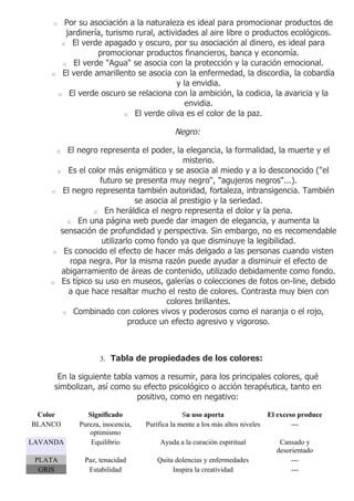 o     Por su asociación a la naturaleza es ideal para promocionar productos de
           jardinería, turismo rural, actividades al aire libre o productos ecológicos.
          o El verde apagado y oscuro, por su asociación al dinero, es ideal para
                    promocionar productos financieros, banca y economía.
          o El verde "Agua" se asocia con la protección y la curación emocional.
    o     El verde amarillento se asocia con la enfermedad, la discordia, la cobardía
                                            y la envidia.
         o El verde oscuro se relaciona con la ambición, la codicia, la avaricia y la
                                               envidia.
                            o El verde oliva es el color de la paz.


                                             Negro:

        oEl negro representa el poder, la elegancia, la formalidad, la muerte y el
                                            misterio.
      o Es el color más enigmático y se asocia al miedo y a lo desconocido ("el
                  futuro se presenta muy negro", "agujeros negros"...).
    o El negro representa también autoridad, fortaleza, intransigencia. También
                              se asocia al prestigio y la seriedad.
                o En heráldica el negro representa el dolor y la pena.
         o En una página web puede dar imagen de elegancia, y aumenta la
       sensación de profundidad y perspectiva. Sin embargo, no es recomendable
                   utilizarlo como fondo ya que disminuye la legibilidad.
     o Es conocido el efecto de hacer más delgado a las personas cuando visten
          ropa negra. Por la misma razón puede ayudar a disminuir el efecto de
       abigarramiento de áreas de contenido, utilizado debidamente como fondo.
    o Es típico su uso en museos, galerías o colecciones de fotos on-line, debido
         a que hace resaltar mucho el resto de colores. Contrasta muy bien con
                                       colores brillantes.
        o Combinado con colores vivos y poderosos como el naranja o el rojo,
                            produce un efecto agresivo y vigoroso.



                     3. Tabla de propiedades de los colores:

      En la siguiente tabla vamos a resumir, para los principales colores, qué
     simbolizan, así como su efecto psicológico o acción terapéutica, tanto en
                             positivo, como en negativo:

 Color           Significado                    Su uso aporta                  El exceso produce
BLANCO        Pureza, inocencia,   Purifica la mente a los más altos niveles           ---
                 optimismo
LAVANDA           Equilibrio            Ayuda a la curación espiritual            Cansado y
                                                                                 desorientado
 PLATA          Paz, tenacidad         Quita dolencias y enfermedades                 ---
  GRIS           Estabilidad                Inspira la creatividad                    ---
 