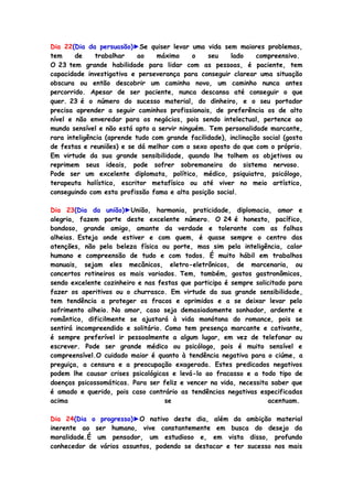 Dia 22(Dia da persuasão)►Se quiser levar uma vida sem maiores problemas,
tem de trabalhar ao máximo o seu lado compreensivo.
O 23 tem grande habilidade para lidar com as pessoas, é paciente, tem
capacidade investigativa e perseverança para conseguir clarear uma situação
obscura ou então descobrir um caminho novo, um caminho nunca antes
percorrido. Apesar de ser paciente, nunca descansa até conseguir o que
quer. 23 é o número do sucesso material, do dinheiro, e o seu portador
precisa aprender a seguir caminhos profissionais, de preferência os de alto
nível e não enveredar para os negócios, pois sendo intelectual, pertence ao
mundo sensível e não está apto a servir ninguém. Tem personalidade marcante,
rara inteligência (aprende tudo com grande facilidade), inclinação social (gosta
de festas e reuniões) e se dá melhor com o sexo oposto do que com o próprio.
Em virtude da sua grande sensibilidade, quando lhe tolhem os objetivos ou
reprimem seus ideais, pode sofrer sobremaneira do sistema nervoso.
Pode ser um excelente diplomata, político, médico, psiquiatra, psicólogo,
terapeuta holístico, escritor metafísico ou até viver no meio artístico,
conseguindo com esta profissão fama e alta posição social.
Dia 23(Dia da união)►União, harmonia, praticidade, diplomacia, amor e
alegria, fazem parte deste excelente número. O 24 é honesto, pacífico,
bondoso, grande amigo, amante da verdade e tolerante com as falhas
alheias. Esteja onde estiver e com quem, é quase sempre o centro das
atenções, não pela beleza física ou porte, mas sim pela inteligência, calor
humano e compreensão de tudo e com todos. É muito hábil em trabalhos
manuais, sejam eles mecânicos, eletro-eletrônicos, de marcenaria, ou
concertos rotineiros os mais variados. Tem, também, gostos gastronômicos,
sendo excelente cozinheiro e nas festas que participa é sempre solicitado para
fazer os aperitivos ou o churrasco. Em virtude da sua grande sensibilidade,
tem tendência a proteger os fracos e oprimidos e a se deixar levar pelo
sofrimento alheio. No amor, caso seja demasiadamente sonhador, ardente e
romântico, dificilmente se ajustará à vida monótona do romance, pois se
sentirá incompreendido e solitário. Como tem presença marcante e cativante,
é sempre preferível ir pessoalmente a algum lugar, em vez de telefonar ou
escrever. Pode ser grande médico ou psicólogo, pois é muito sensível e
compreensível.O cuidado maior é quanto à tendência negativa para o ciúme, a
preguiça, a censura e a preocupação exagerada. Estes predicados negativos
podem lhe causar crises psicológicas e levá-lo ao fracasso e a todo tipo de
doenças psicossomáticas. Para ser feliz e vencer na vida, necessita saber que
é amado e querido, pois caso contrário as tendências negativas especificadas
acima se acentuam.
Dia 24(Dia o progresso)►O nativo deste dia, além da ambição material
inerente ao ser humano, vive constantemente em busca do desejo da
moralidade.É um pensador, um estudioso e, em vista disso, profundo
conhecedor de vários assuntos, podendo se destacar e ter sucesso nos mais
 