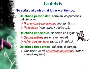 La deixis Se señala al emisor, al lugar y al tiempo. Deícticos personales : señalan las personas del discurso: Pronombres personales  (yo, tú. él …). Posesivos  (mío, tuyo, nuestro …). Deícticos espaciales : señalan un lugar: Demostrativos  (este, ese, aquel). Adverbios de lugar  (aquí, allí, ahí…).  Deícticos temporales : refieren al tiempo. Oposición entre  adverbios de tiempo  (antes/ahora/después). 