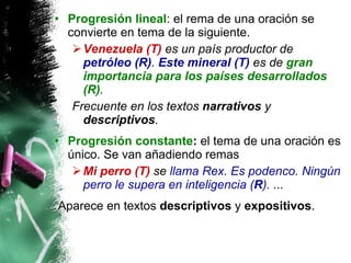 Progresión lineal : el rema de una oración se convierte en tema de la siguiente.  Venezuela (T)  es un país productor de  petróleo (R) .  Este mineral (T)  es de  gran importancia para los países desarrollados (R) .  Frecuente en los textos  narrativos  y  descriptivos .  Progresión constante :  el tema de una oración es único. Se van añadiendo remas Mi perro (T)  se  llama Rex .  Es podenco .  Ningún perro le supera en inteligencia ( R ).  ...  Aparece en textos  descriptivos  y  expositivos . 