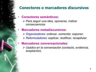 Conectores o marcadores discursivos Conectores semánticos : Para seguir una idea, oponerse, indicar consecuencias Marcadores metadiscursivos : Organizadores : ordenar, comentar, exponer. Reformuladores : explicar, rectificar, recapitular. Marcadores conversacionales : Usados en la conversación (contacto, evidencia, aceptación). 