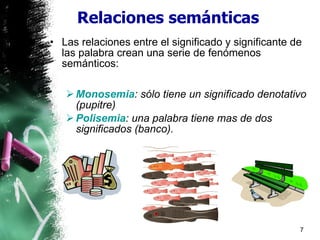 Relaciones semánticas Las relaciones entre el significado y significante de las palabra crean una serie de fenómenos semánticos: Monosemia : sólo tiene un significado denotativo  (pupitre) Polisemia : una palabra tiene mas de dos significados  (banco). 