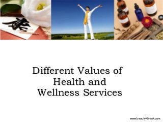 Different Values ofDifferent Values of
Health andHealth and
Wellness ServicesWellness Services
www.beautykliniek.com
 