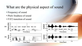 What are the physical aspect of sound
• Frequency of sound
• Pitch /loudness of sound
• F1F2 transition of sound
 