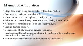 • Stop: flow of air is stopped completely for a time /p, b, k/
• Continuant: continuous sound /f, v, ħ/
• Nasal: sound travels through nasal cavity. /m, n/
• Fricative: air passes through a narrow space causing friction /Ɵ, ð/
• Affricatives: combination of stop and fricative /ʧ, ʤ/
• Liquid: floating sound /l/
• Glide: seems like two sounds moving together /j/
• Emphatics: additional manner produce with the back of tongue alongside
stop or fricative manner /tˁ, ðˁ/
• Aspiration: any manner with audible breathing sound /bʰ, lʰ/
Manner of Articulation
 