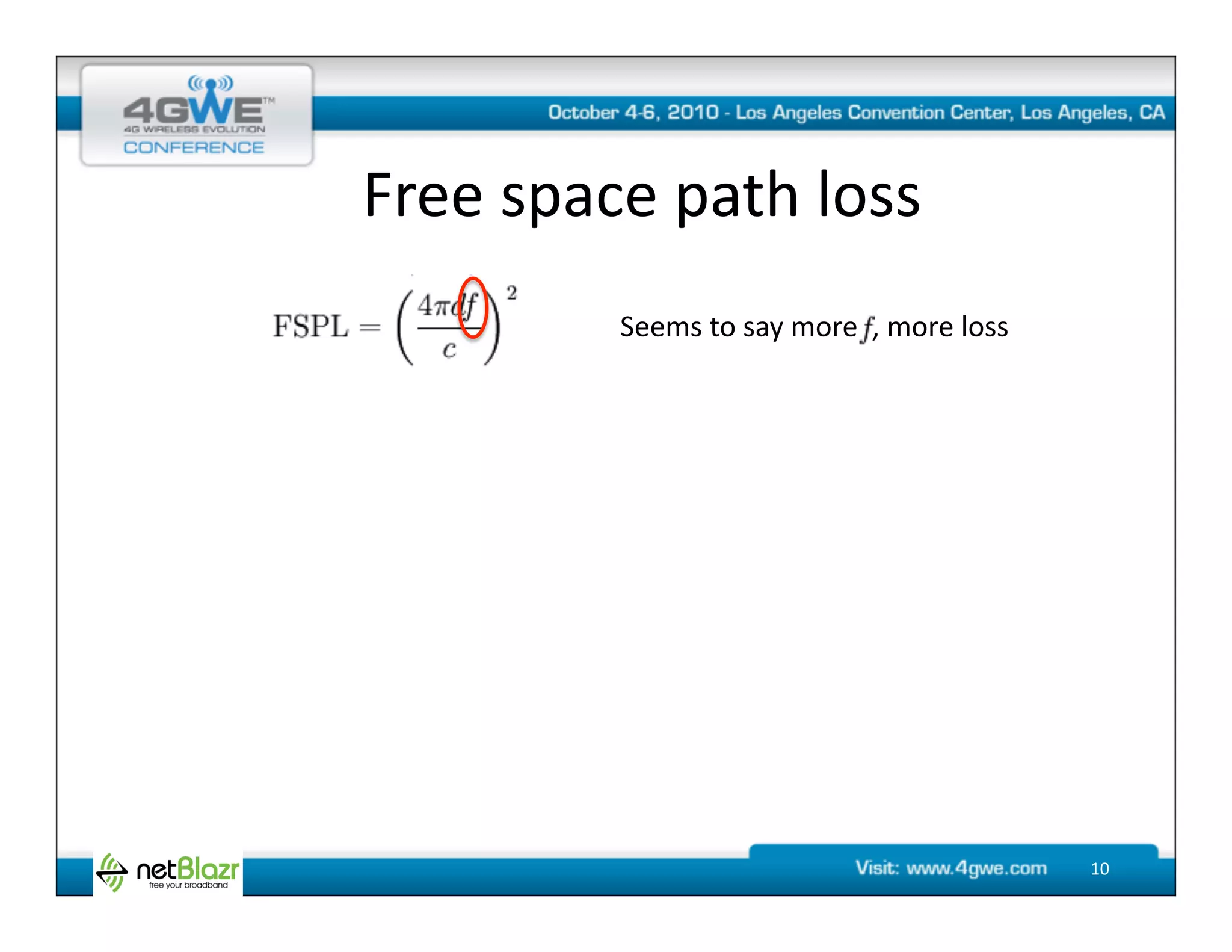 Free	
  space	
  path	
  loss	
  
              Seems	
  to	
  say	
  more	
  	
  ,	
  more	
  loss	
  




                                                                        10	
  
 