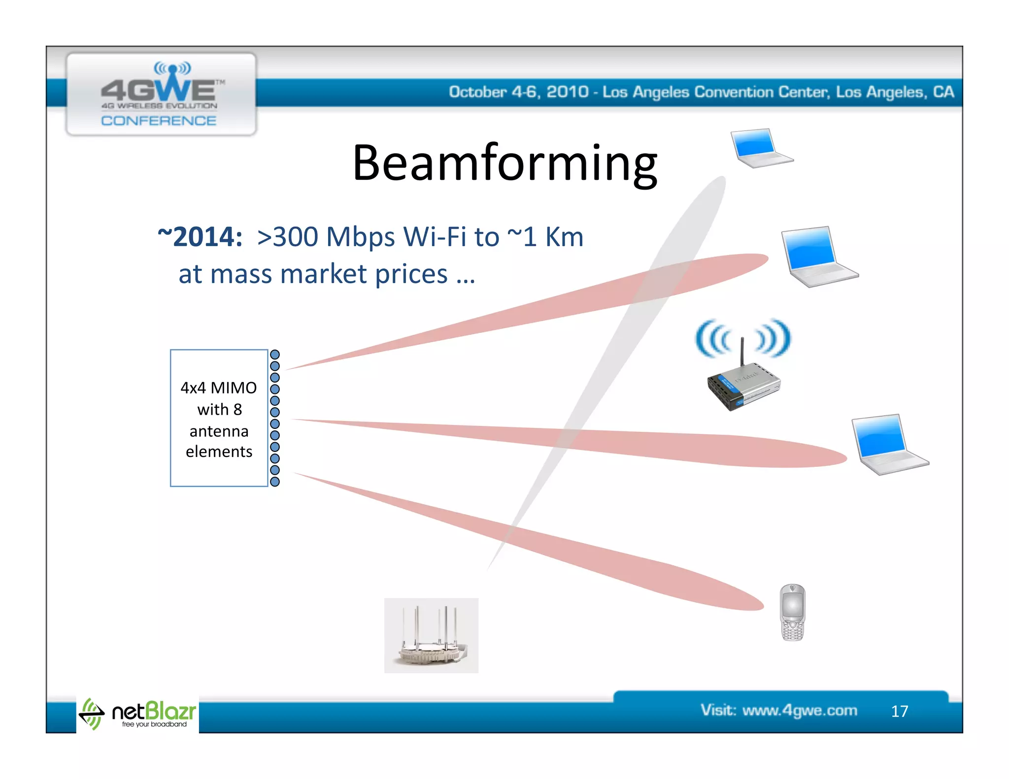Beamforming	
  
~2014:	
  	
  >300	
  Mbps	
  Wi-­‐Fi	
  to	
  ~1	
  Km	
  
	
  	
  	
  at	
  mass	
  market	
  prices	
  …	
  


   4x4	
  MIMO	
  
      with	
  8	
  	
  
    antenna	
  	
  
    elements	
  




                                                              17	
  
 