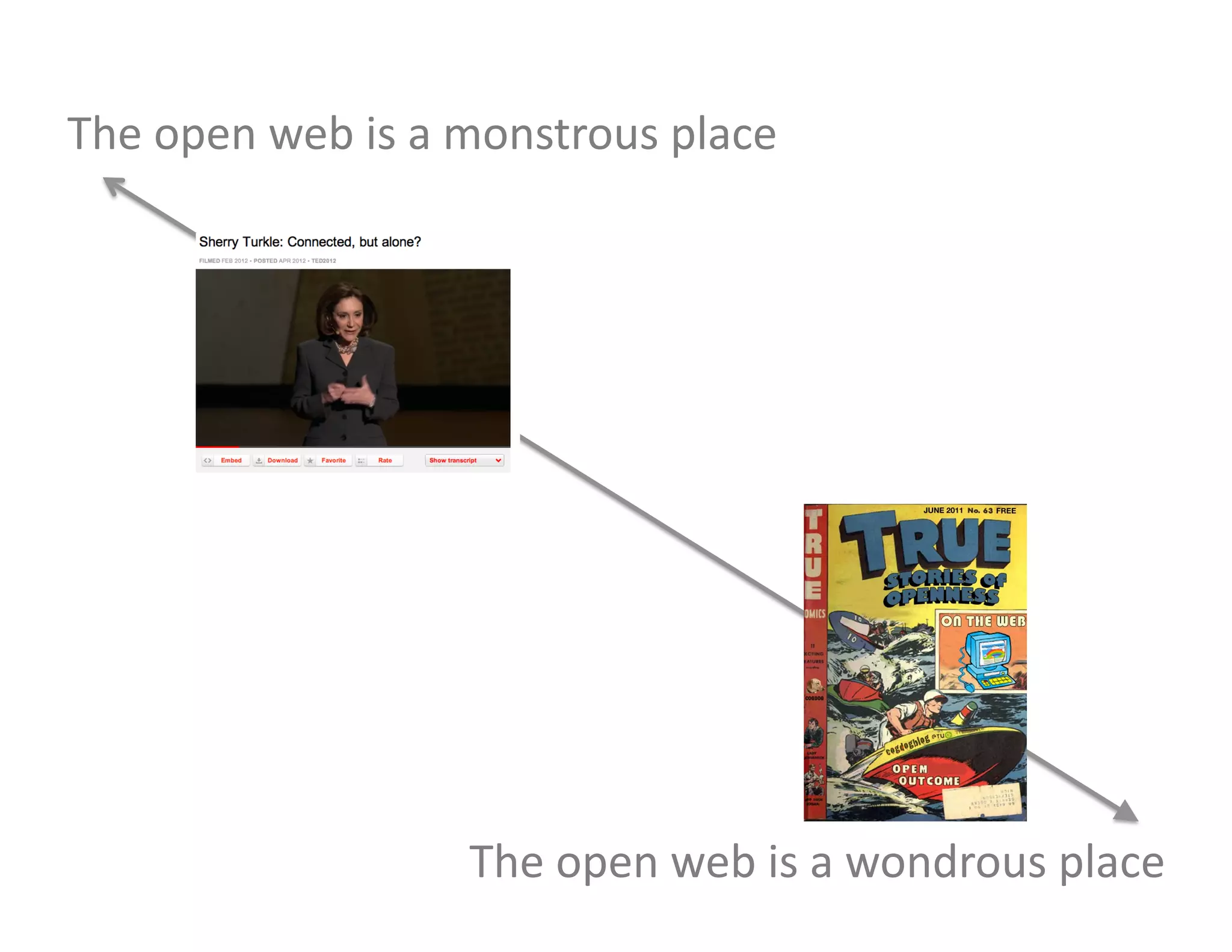 The	
  open	
  web	
  is	
  a	
  monstrous	
  place	
  
The	
  open	
  web	
  is	
  a	
  wondrous	
  place	
  
 