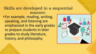 Skills are developed in a sequential
manner.
•For example, reading, writing,
speaking, and listening are
emphasized in the early grades
to prepare students in later
grades to study literature,
history, and philosophy.
 