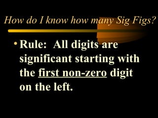 How do I know how many Sig Figs? 
• Rule: All digits are 
significant starting with 
the first non-zero digit 
on the left. 
 