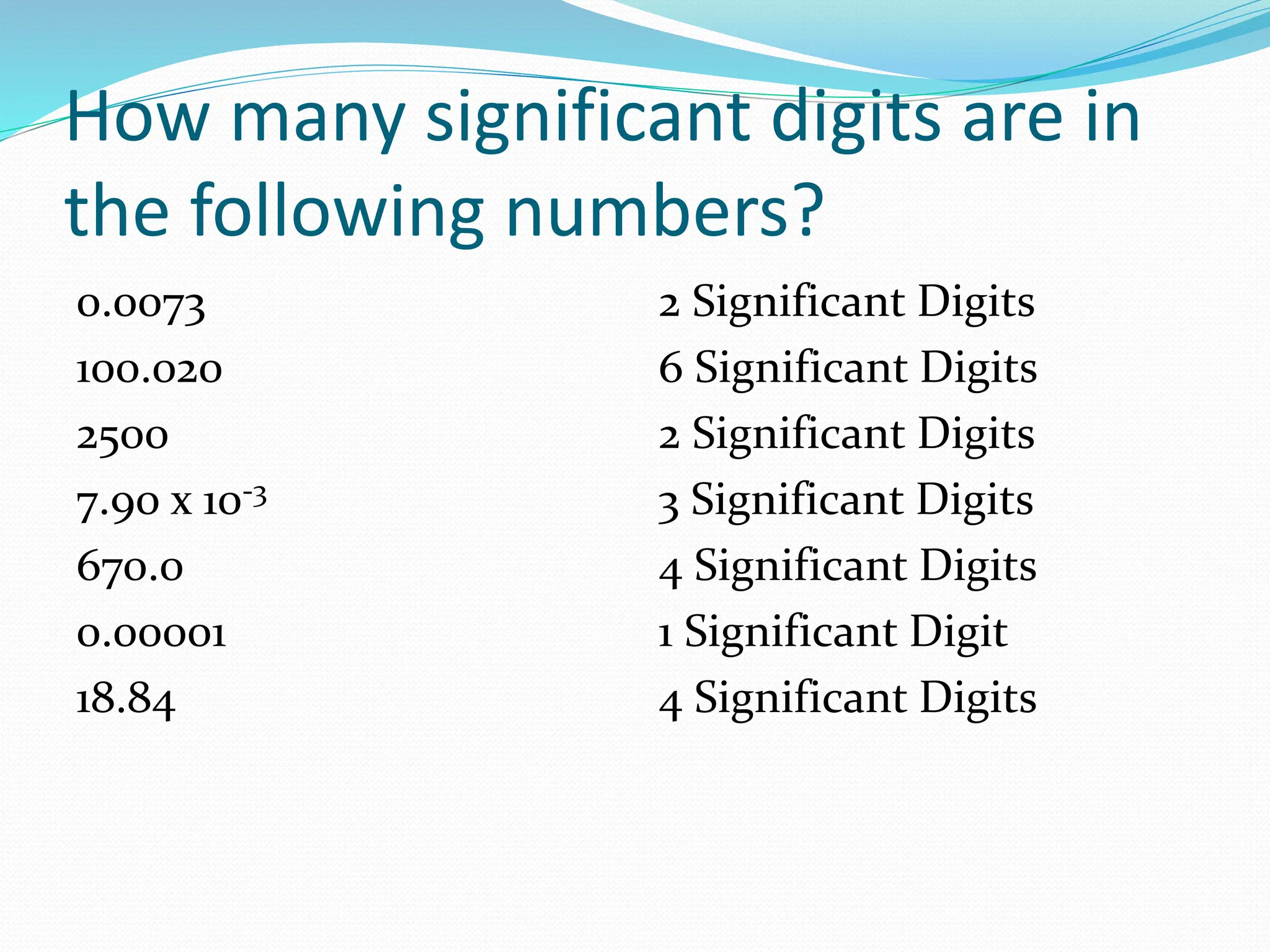 How many significant digits are in
the following numbers?
0.0073
100.020
2500
7.90 x 10-3
670.0
0.00001
18.84
2 Significant Digits
6 Significant Digits
2 Significant Digits
3 Significant Digits
4 Significant Digits
1 Significant Digit
4 Significant Digits
 