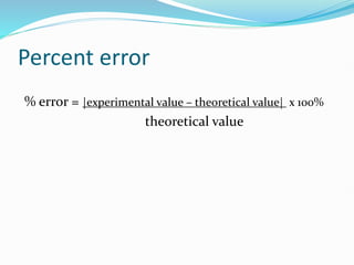 Percent error
% error = |experimental value – theoretical value| x 100%
theoretical value
 