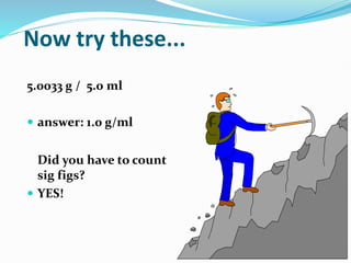Now try these...
5.0033 g / 5.0 ml
 answer: 1.0 g/ml
Did you have to count
sig figs?
 YES!
 