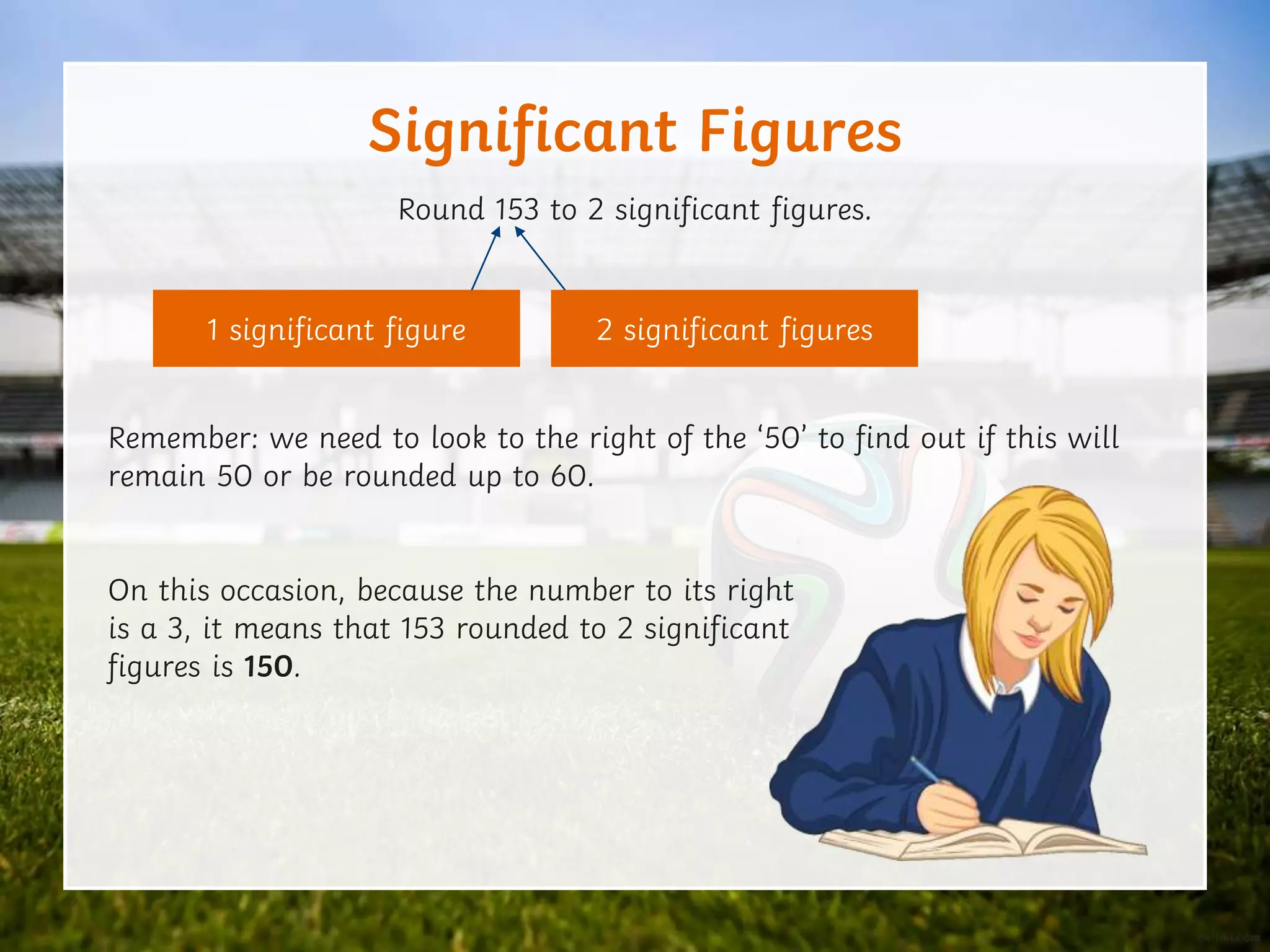 Significant Figures
Round 153 to 2 significant figures.
Remember: we need to look to the right of the ‘50’ to find out if this will
remain 50 or be rounded up to 60.
On this occasion, because the number to its right
is a 3, it means that 153 rounded to 2 significant
figures is 150.
1 significant figure 2 significant figures
 