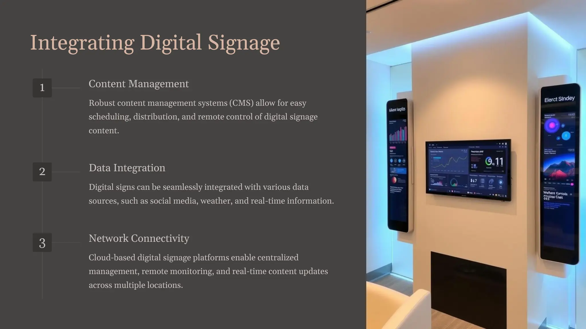 Integrating Digital Signage
1 Content Management
Robust content management systems (CMS) allow for easy
scheduling, distribution, and remote control of digital signage
content.
2 Data Integration
Digital signs can be seamlessly integrated with various data
sources, such as social media, weather, and real-time information.
3 Network Connectivity
Cloud-based digital signage platforms enable centralized
management, remote monitoring, and real-time content updates
across multiple locations.
 