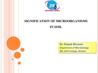 SIGNIFICATION OF MICROORGANISMS
IN SOIL
Dr. Deepak Bhusare
Department of Microbiology
DB, ACS College, Bhokar.
 