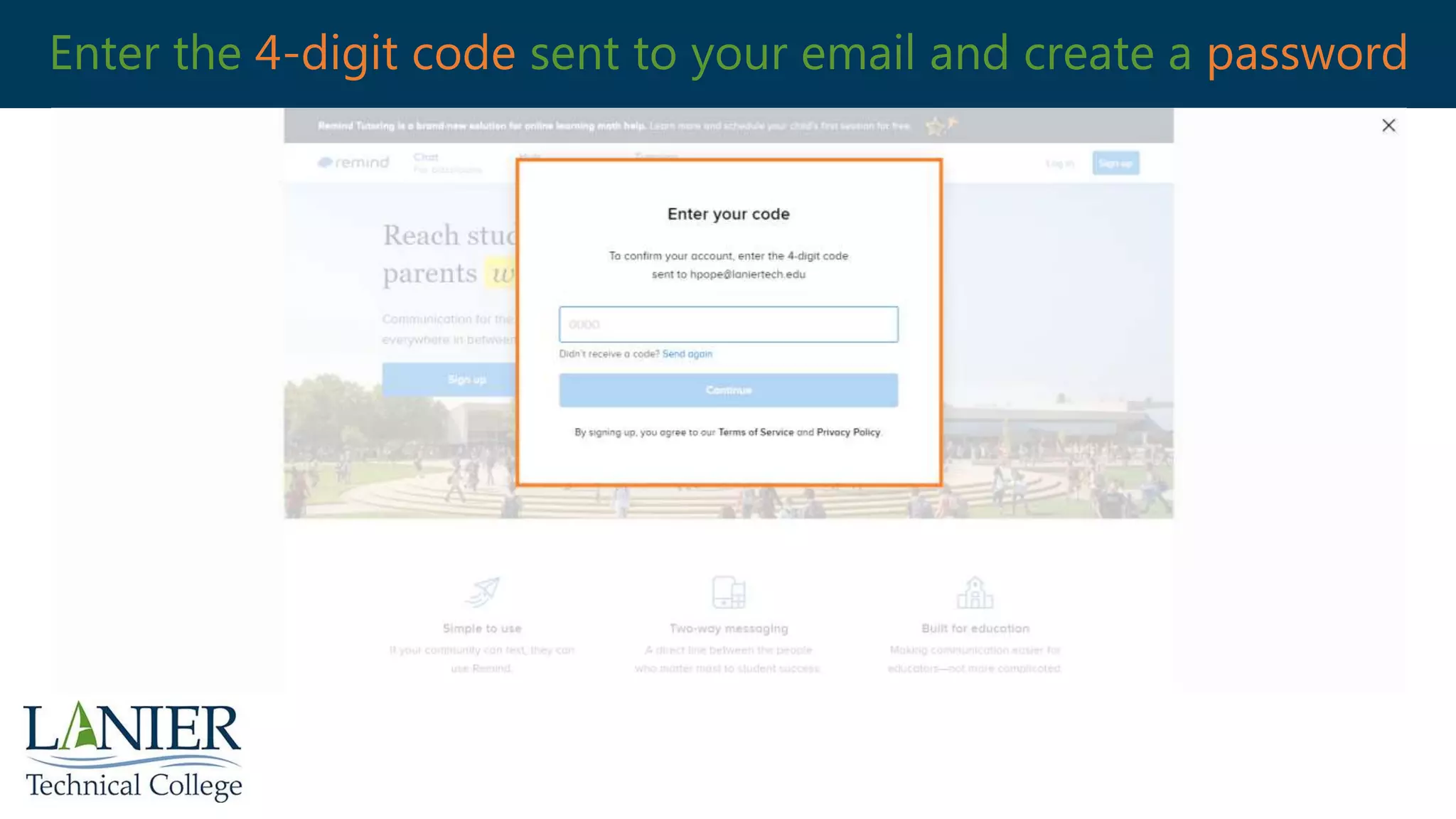 Enter the 4-digit code sent to your email and create a password
 