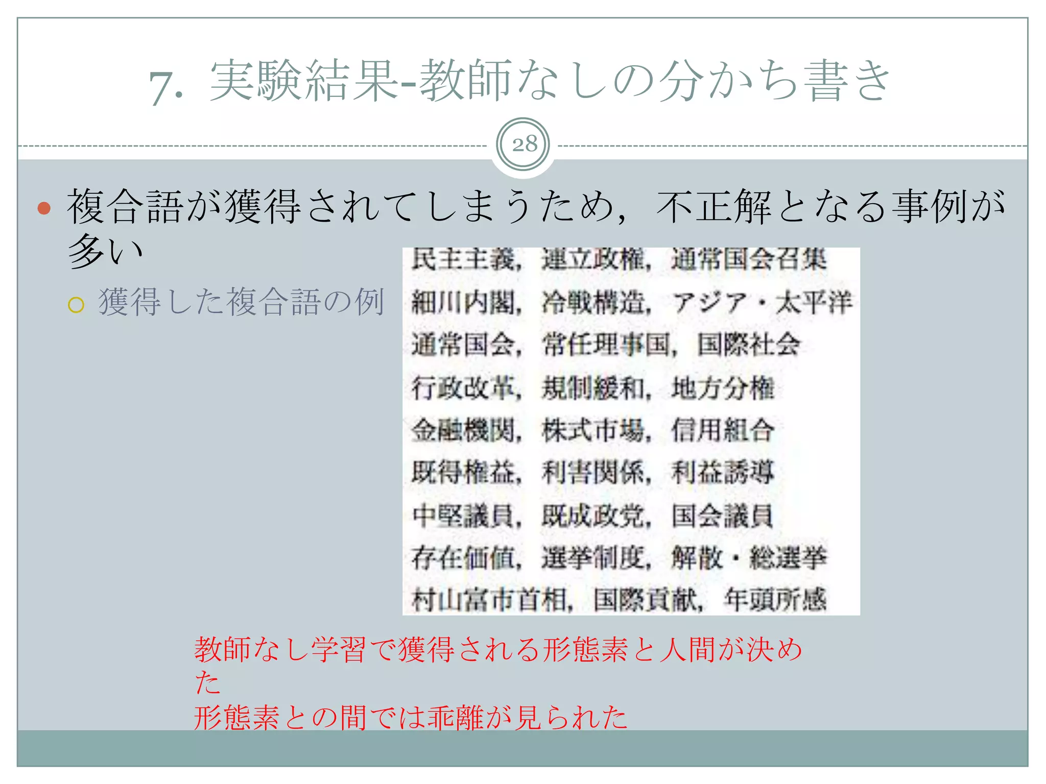7. 実験結果-教師なしの分かち書き
28
 複合語が獲得されてしまうため，不正解となる事例が
多い
 獲得した複合語の例
教師なし学習で獲得される形態素と人間が決め
た
形態素との間では乖離が見られた
 