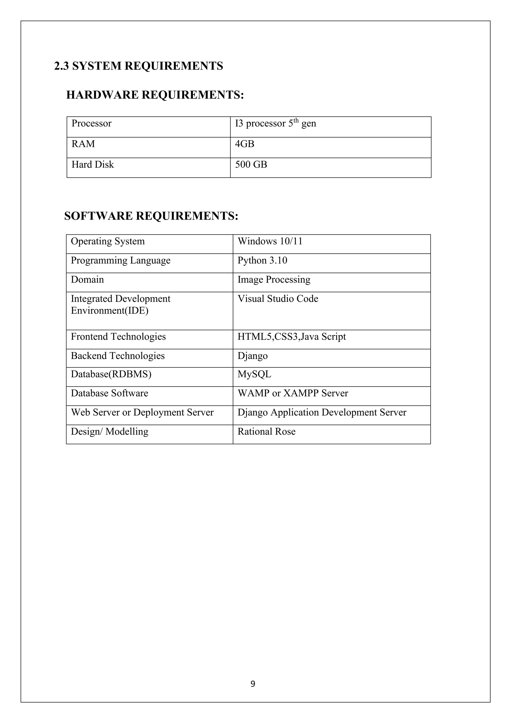 9 2.3 SYSTEM REQUIREMENTS HARDWARE REQUIREMENTS: Processor I3 processor 5th gen RAM 4GB Hard Disk 500 GB SOFTWARE REQUIREMENTS: Operating System Windows 10/11 Programming Language Python 3.10 Domain Image Processing Integrated Development Environment(IDE) Visual Studio Code Frontend Technologies HTML5,CSS3,Java Script Backend Technologies Django Database(RDBMS) MySQL Database Software WAMP or XAMPP Server Web Server or Deployment Server Django Application Development Server Design/ Modelling Rational Rose 