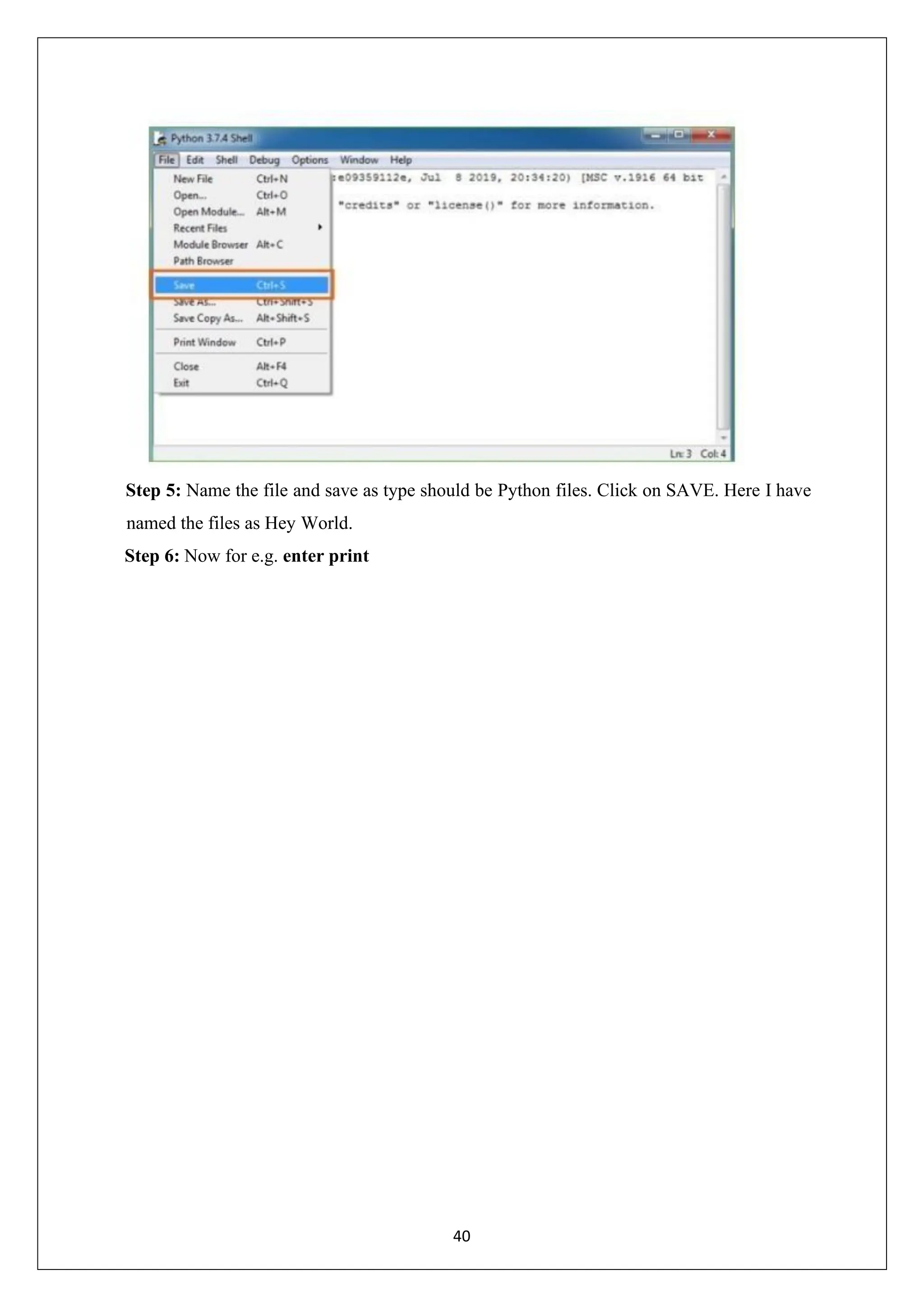 40 Step 5: Name the file and save as type should be Python files. Click on SAVE. Here I have named the files as Hey World. Step 6: Now for e.g. enter print 