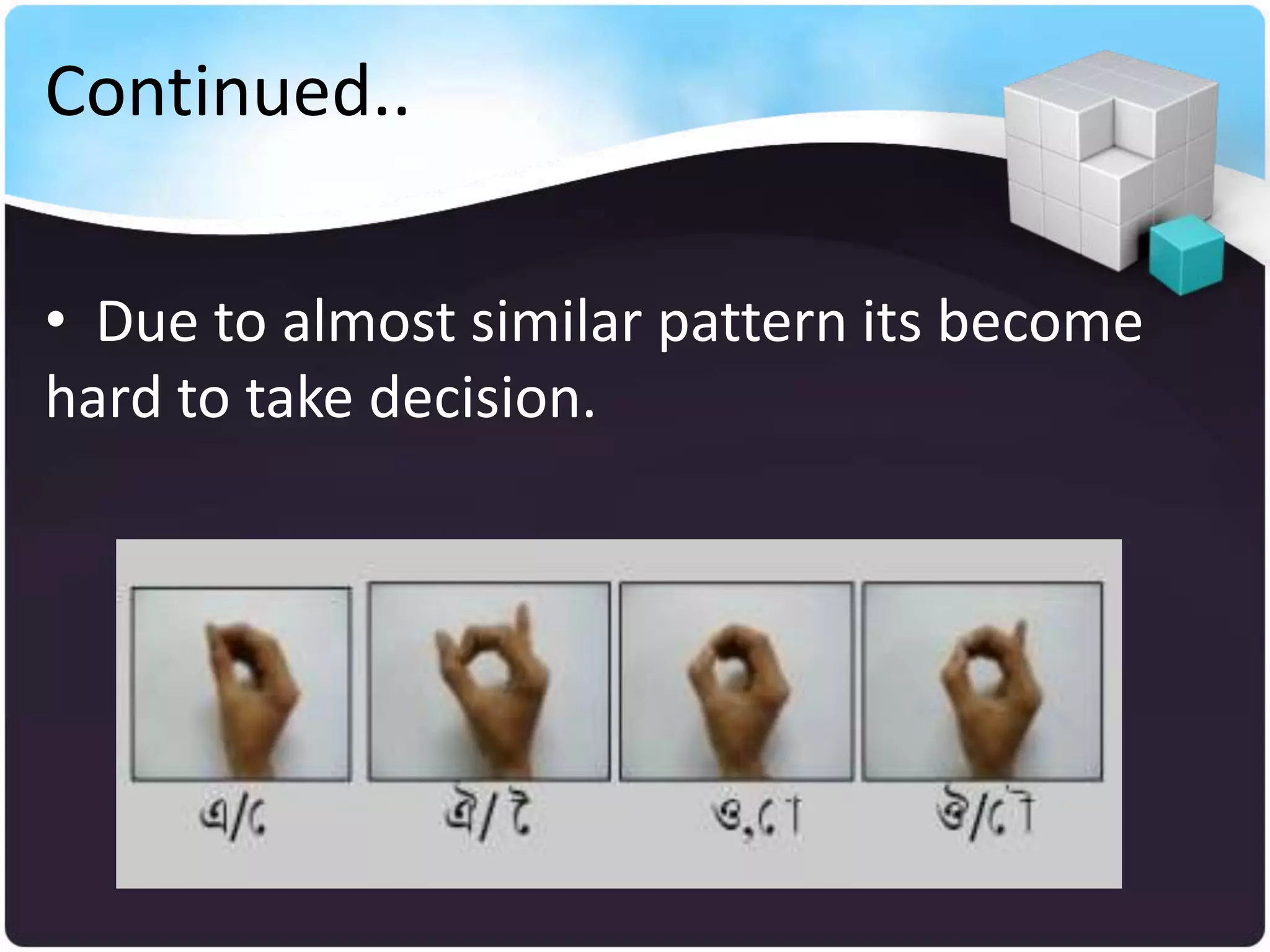 Continued..

• Due to almost similar pattern its become
hard to take decision.
 