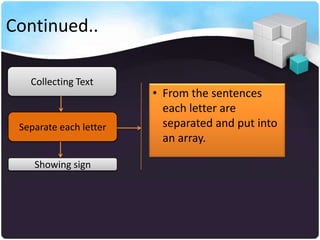 Continued..

   Collecting Text
                        • From the sentences
                          each letter are
 Separate each letter     separated and put into
                          an array.

    Showing sign
 