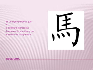 IDEOGRAMA Es un signo pictórico que en la escritura representa directamente una idea y no el sonido de una palabra.