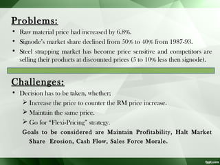 Problems:
• Raw material price had increased by 6.8%.
• Signode’s market share declined from 50% to 40% from 1987-93.
• Steel strapping market has become price sensitive and competitors are
selling their products at discounted prices (5 to 10% less then signode).

Challenges:
• Decision has to be taken, whether;
 Increase the price to counter the RM price increase.
 Maintain the same price.
 Go for “Flexi-Pricing” strategy.
Goals to be considered are Maintain Profitability, Halt Market
Share Erosion, Cash Flow, Sales Force Morale.

 
