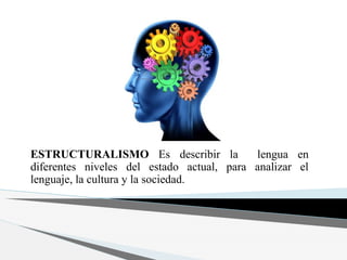 ESTRUCTURALISMO Es describir la lengua en
diferentes niveles del estado actual, para analizar el
lenguaje, la cultura y la sociedad.
 