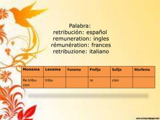 Palabra:
                retribución: español
                remuneration: ingles
               rémunération: frances
                retribuzione: italiano


Monema      Lexema   Fonema   Prefijo    Sufijo   Morfema

Re-tribu-   tribu             re         cion
cion
 