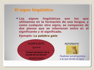  Los signos lingüísticos son los que
utilizamos en la formación de una lengua, y
como cualquier otro signo, se componen de
dos planos que se relacionan entre sí: el
significante y el significado.
Ejemplo: La palabra gato
SIGNIFICANTE
SIGNIFICADO
/g-a-t-o/
“Animal doméstico de la
familia de los felinos”
REFERENTE
Realidad extralingüística
a la que remite el signo
El signo lingüístico
 