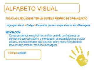 ALFABETO VISUAL TODAS AS LINGUAGENS TÊM UM SISTEMA PRÓPRIO DE ORGANIZAÇÃO Linguagem Visual  =  Código  =  Elementos que servem para formar suas Mensagens MENSAGEM Compreendemos e usufruímos melhor quando conhecemos os elementos que constituem  a mensagem, as estratégias que o autor utilizou, o funcionamento dos recursos sobre nossa sensibilidade. Isso nos faz entender melhor a mensagem. Exemplo  apelido 
