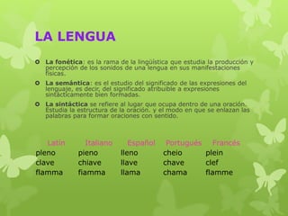 LA LENGUA
 La fonética: es la rama de la lingüística que estudia la producción y
percepción de los sonidos de una lengua en sus manifestaciones
físicas.
 La semántica: es el estudio del significado de las expresiones del
lenguaje, es decir, del significado atribuible a expresiones
sintácticamente bien formadas.
 La sintáctica se refiere al lugar que ocupa dentro de una oración.
Estudia la estructura de la oración. y el modo en que se enlazan las
palabras para formar oraciones con sentido.
Latín Italiano Español Portugués Francés
pleno pieno lleno cheio plein
clave chiave llave chave clef
flamma fiamma llama chama flamme
 