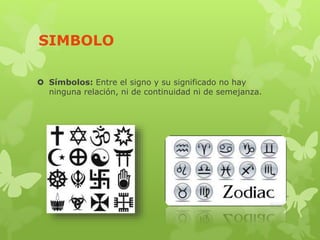 SIMBOLO
 Símbolos: Entre el signo y su significado no hay
ninguna relación, ni de continuidad ni de semejanza.
 