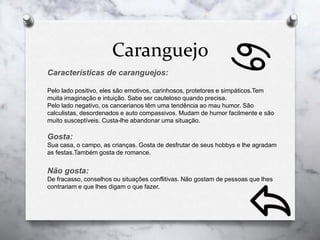 Caranguejo
Características de caranguejos:
Pelo lado positivo, eles são emotivos, carinhosos, protetores e simpáticos.Tem
muita imaginação e intuição. Sabe ser cauteloso quando precisa.
Pelo lado negativo, os cancerianos têm uma tendência ao mau humor. São
calculistas, desordenados e auto compassivos. Mudam de humor facilmente e são
muito susceptíveis. Custa-lhe abandonar uma situação.
Gosta:
Sua casa, o campo, as crianças. Gosta de desfrutar de seus hobbys e lhe agradam
as festas.Também gosta de romance.
Não gosta:
De fracasso, conselhos ou situações conflitivas. Não gostam de pessoas que lhes
contrariam e que lhes digam o que fazer.
 