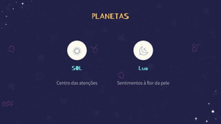 PLANETAS
SOL
Centro das atenções
Lua
Sentimentos à flor da pele
 