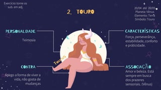 2. TOURO
PERSONALIDADE
Teimosia
CONTRA
Apego a forma de viver a
vida, não gosta de
mudanças
CARACTERÍSTICAS
Força, perseverânça,
estabilidade, conforto
e práticidade.
ASSOCIAÇÃO
Amor e beleza. Está
sempre em busca
dos prazeres
sensoriais. (Vênus)
20/04 até 20/05
Planeta: Vênus
Elemento: Terra
Símbolo: Touro
Exercício: torne os
sub. em adj.
 