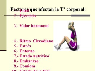 Factores que afectan la Tº corporal: 1.-  Edad 2.-  Ejercicio   3.-  Valor hormonal   4.-  Ritmo  Circadiano   5.-  Estrés  6.-  Entorno 7.- Estado nutritivo 8.- Embarazo 9.- Comidas 10.- Estado de la Piel 