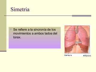 Simetria Se refiere a la sincronía de los movimientos a ambos lados del torax. 