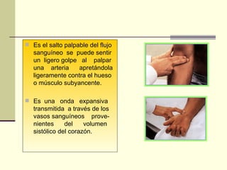 Es el salto palpable del flujo sanguíneo  se  puede sentir un  ligero golpe  al  palpar  una  arteria  apretándola  ligeramente contra el hueso o músculo subyancente. Es  una  onda  expansiva  transmitida  a través de los vasos sanguíneos  prove-nientes  del  volumen sistólico del corazón. 