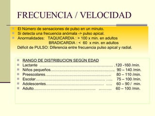 FRECUENCIA / VELOCIDAD El Número de sensaciones de pulso en un minuto.  Si detecta una frecuencia anómala -> pulso apical. Anormalidades:  TAQUICARDIA : > 100 x min. en adultos BRADICARDIA : <  60  x min. en adultos Déficit de PULSO: Diferencia entre frecuencia pulso apical y radial. RANGO DE DISTRIBUCION SEGÚN EDAD Lactante  ………………………………………………… .120 -160 /min. Niños pequeños…………………………………………..  90 – 140 /min. Preescolares……………………………………………  80 – 110 /min. Escolar……………………………………………… …..  75 – 100 /min. Adolescentes………………………………………  …..  60 – 90 /  min. Adulto…………………………………………  ……….  60 – 100 /min. 
